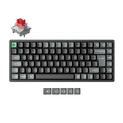 Mechanical keyboard with a red switch on a white background